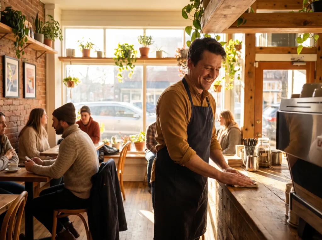 Vriendelijk personeel achter de toonbank bij Coffeeshop Taffne